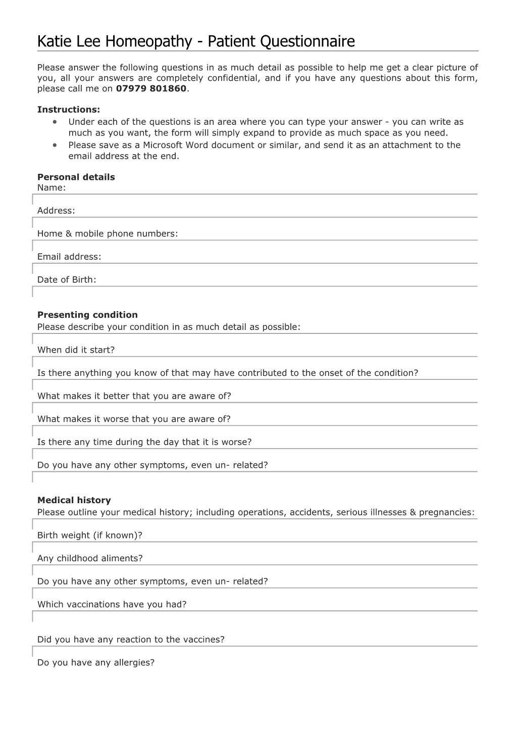 Katie Lee Homeopathy - Patient Questionnaire