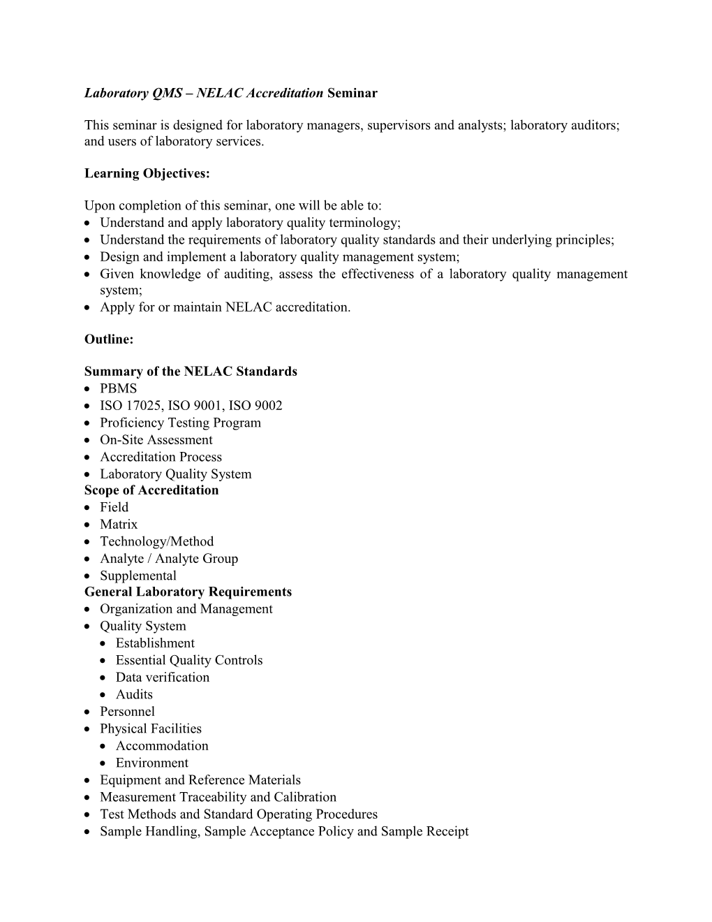 Laboratory QMS NELAC Accreditation Seminar