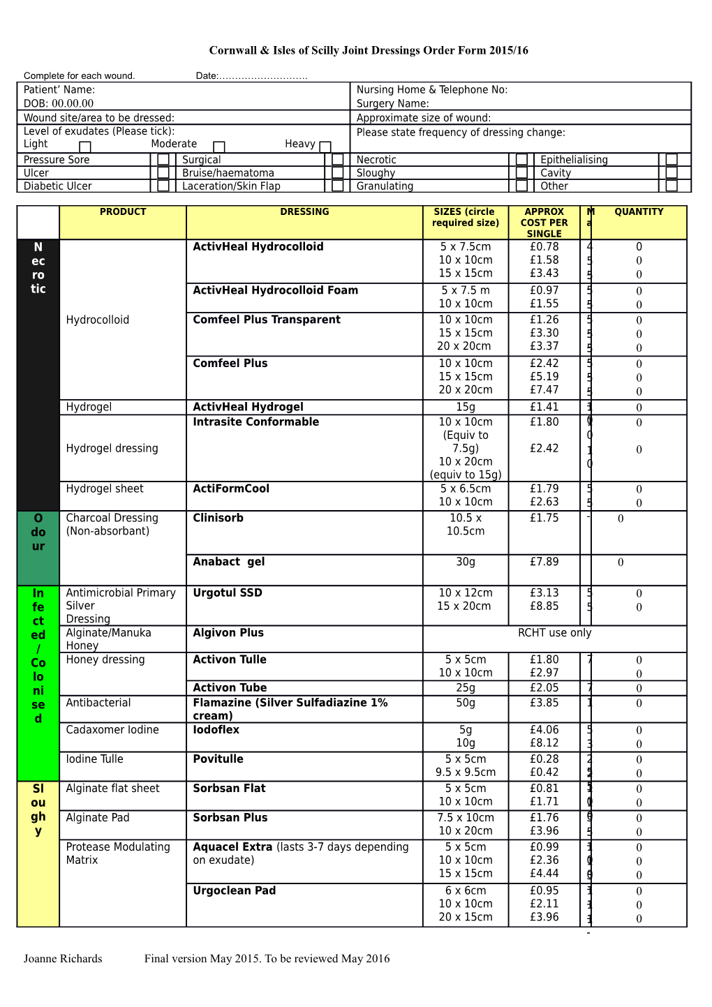 Cornwall & Isles of Scilly Joint Dressings Order Form 2015/16