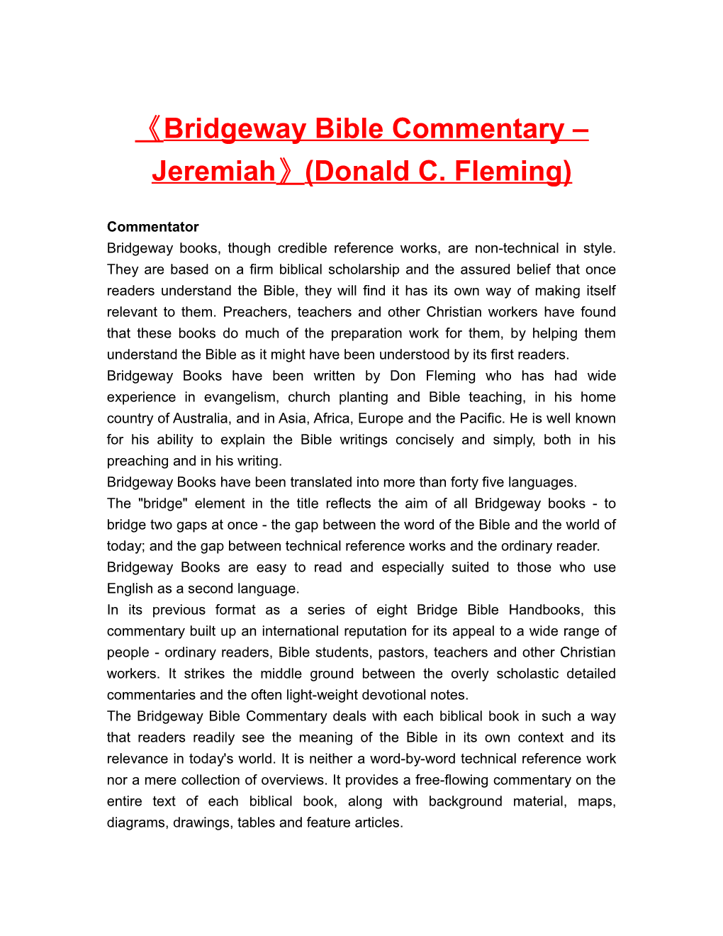 Bridgeway Bible Commentary Jeremiah (Donald C. Fleming)
