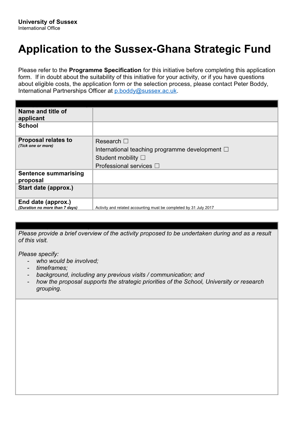 Application to the Sussex-Ghana Strategicfund