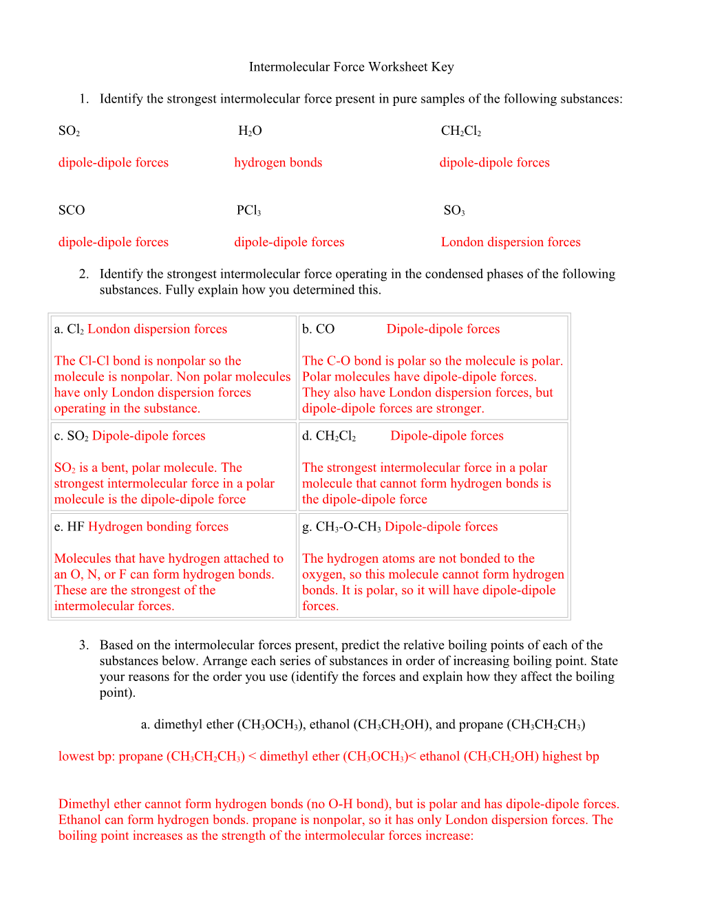 Intermolecular Force Worksheet Key