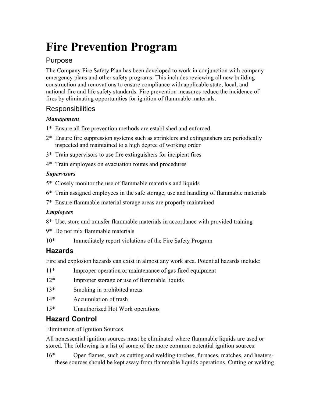 Fire Prevention - Safety Program