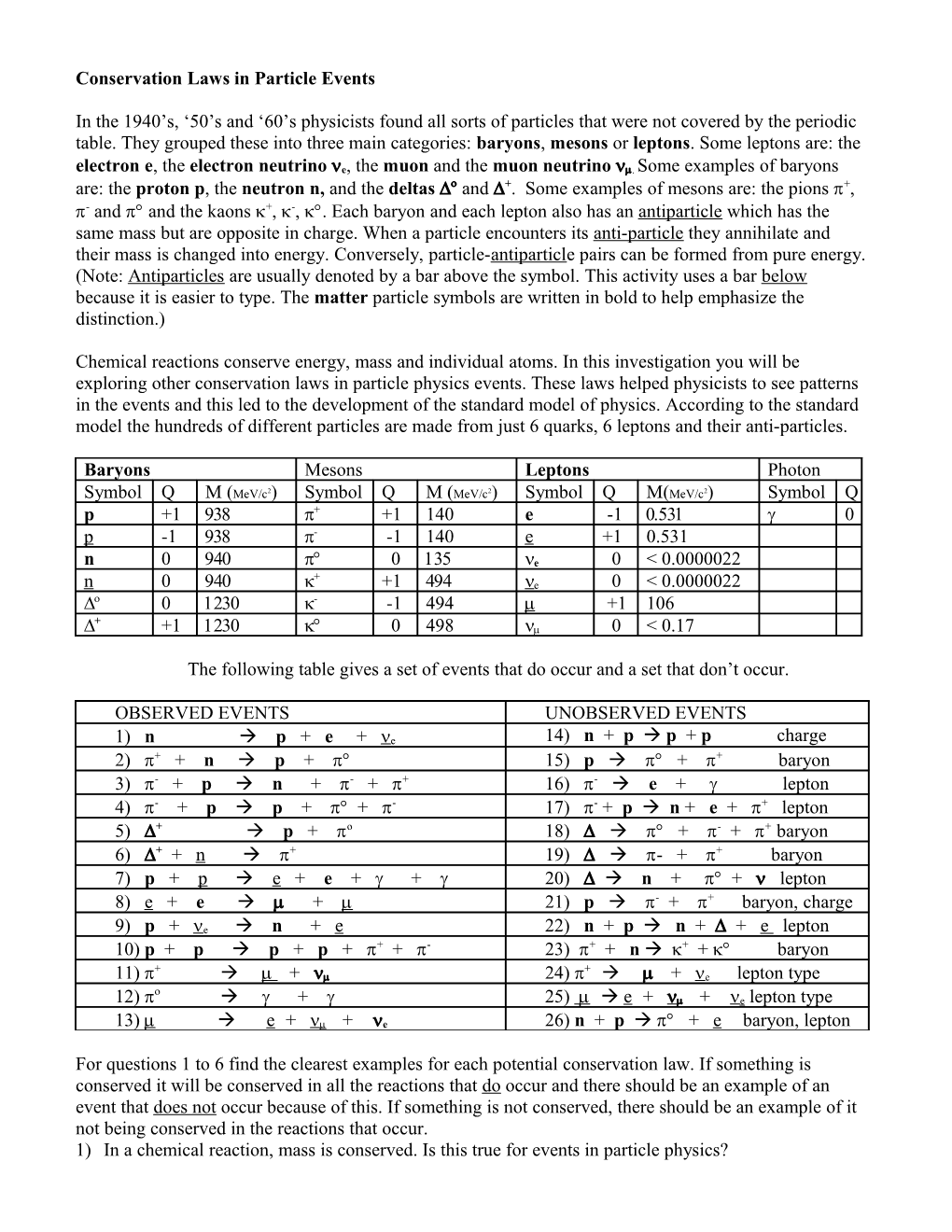 Conservation Laws in Particle Events