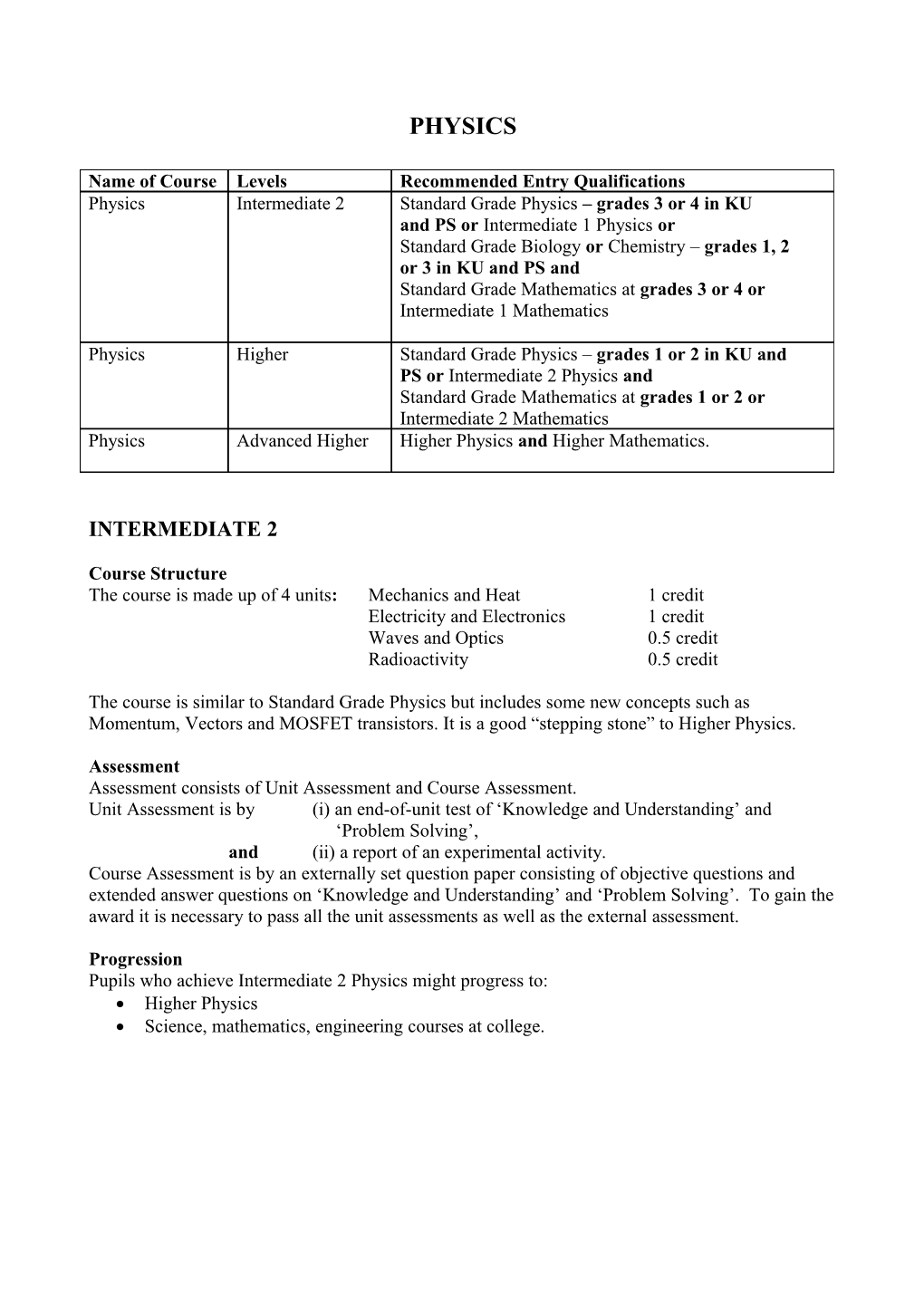 The Course Is Made up of 4 Units:Mechanics and Heat1 Credit