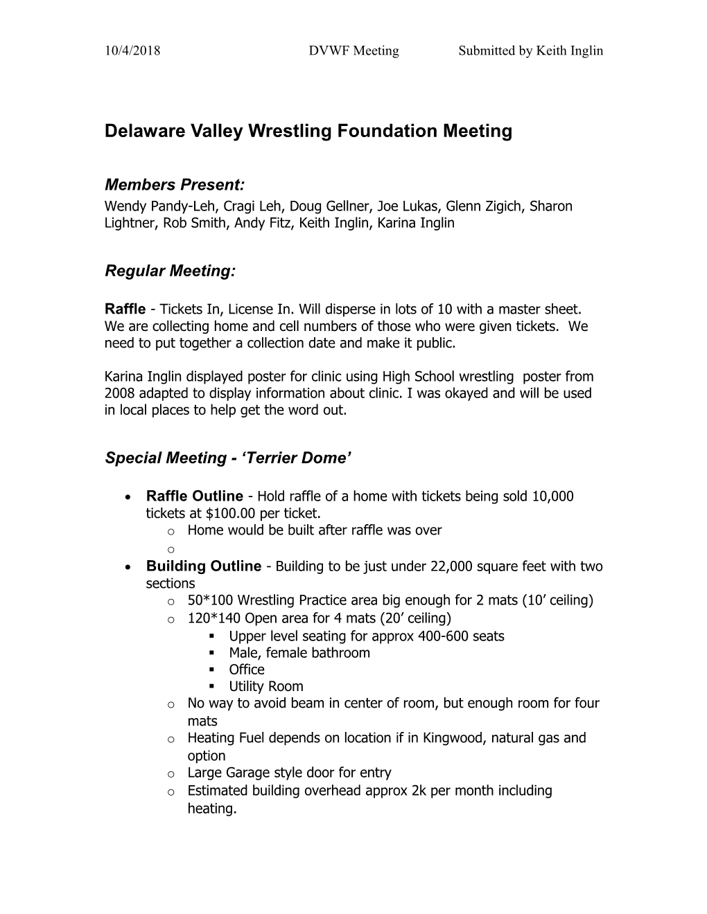 Delaware Valley Wrestling Foundation Meeting