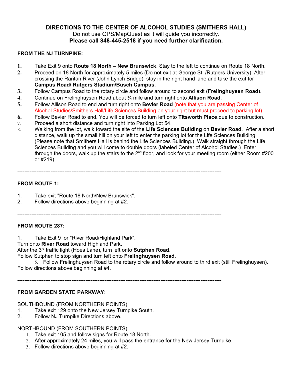 Directions to the Center of Alcohol Studies (Smithers Hall)