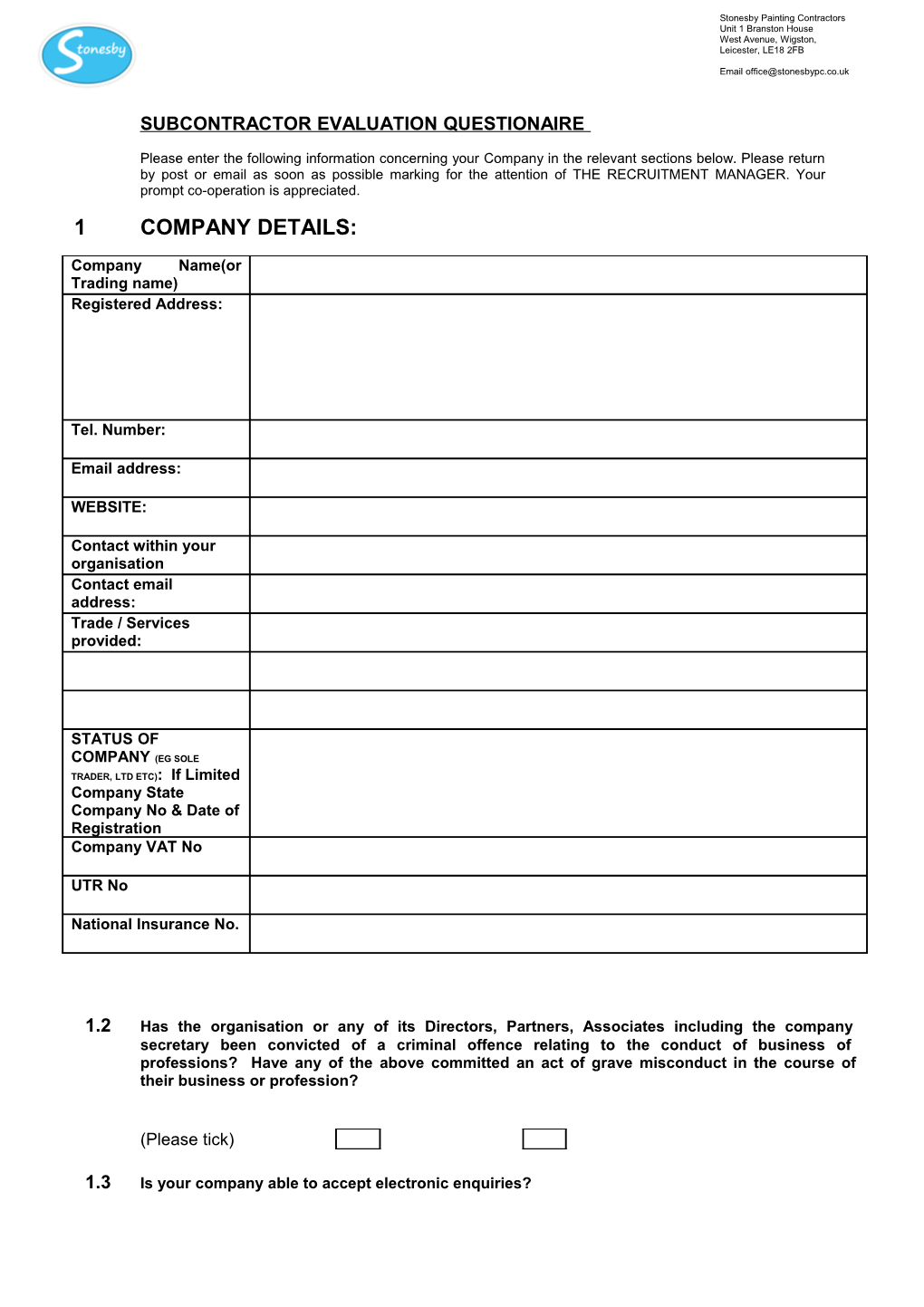 Subcontractor Evaluation Questionaire Bs En Iso 9001 - 2000