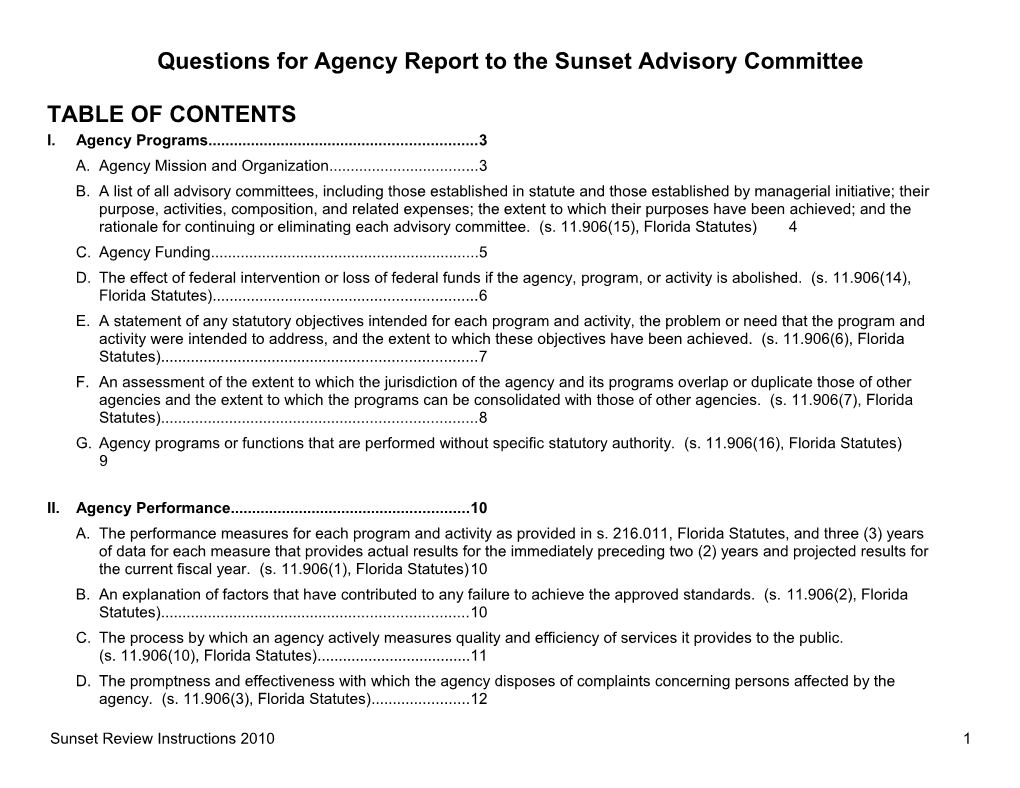 Questions for Agency Report to the Sunset Advisory Committee