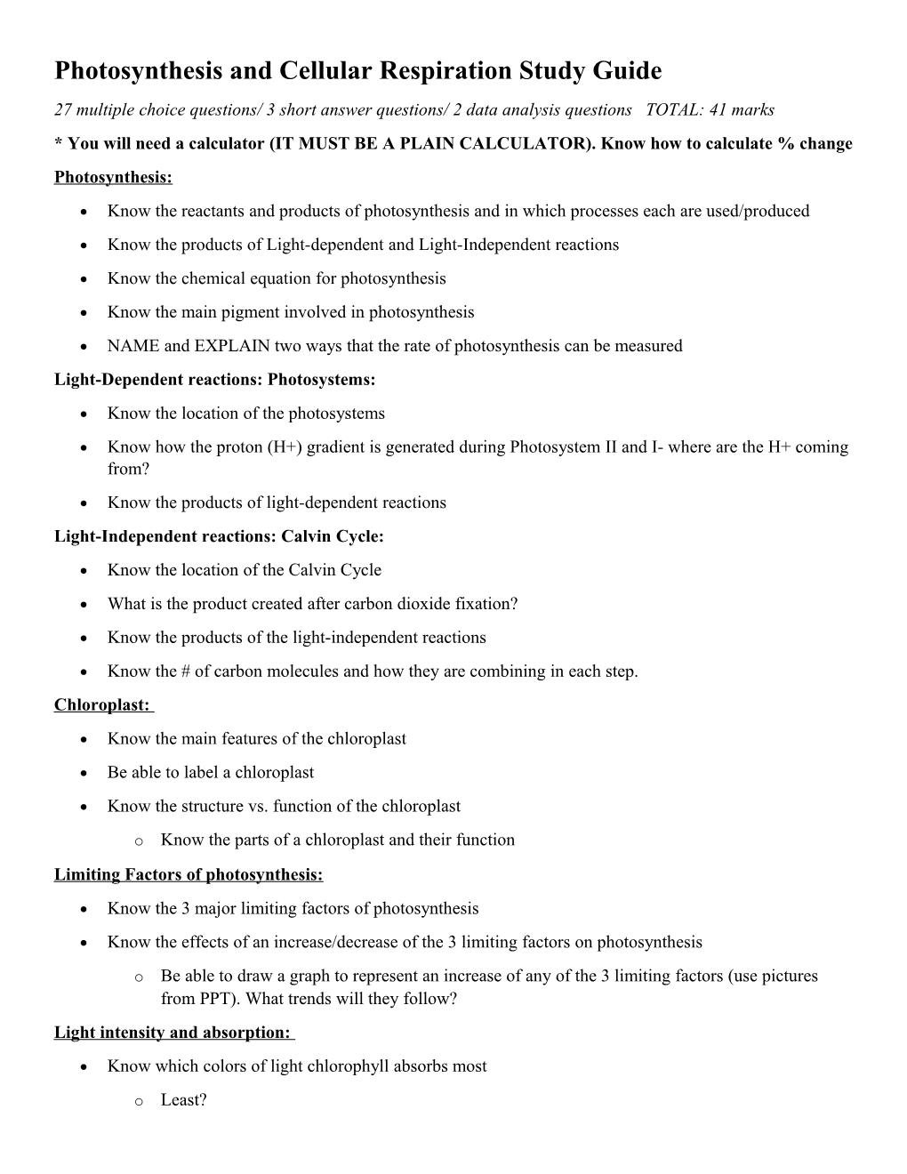 Photosynthesis and Cellular Respiration Study Guide