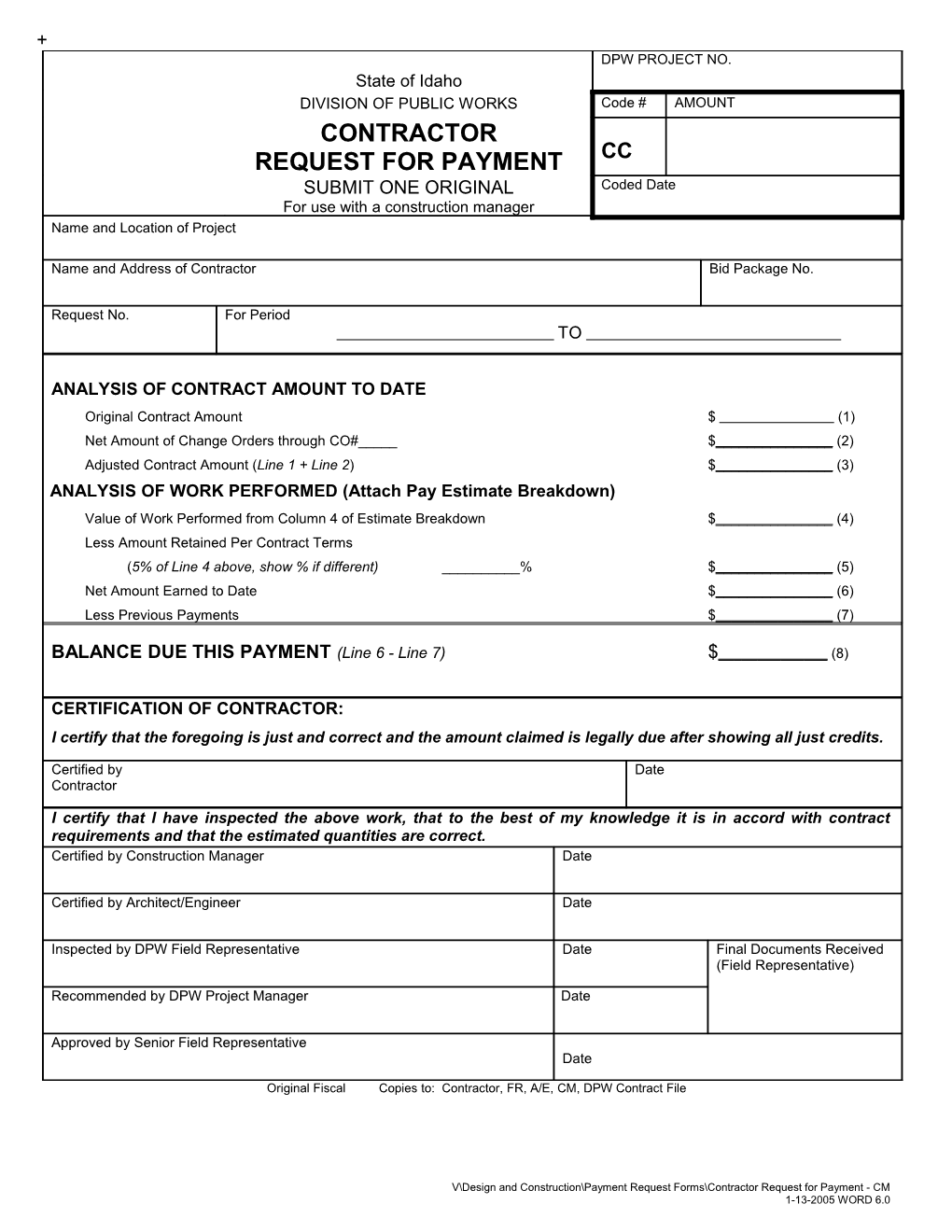 Contractor Request for Payment - for Use with a Construction Manager