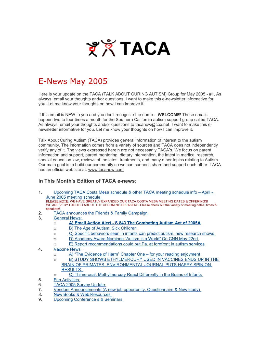 In This Month's Edition of TACA E-News