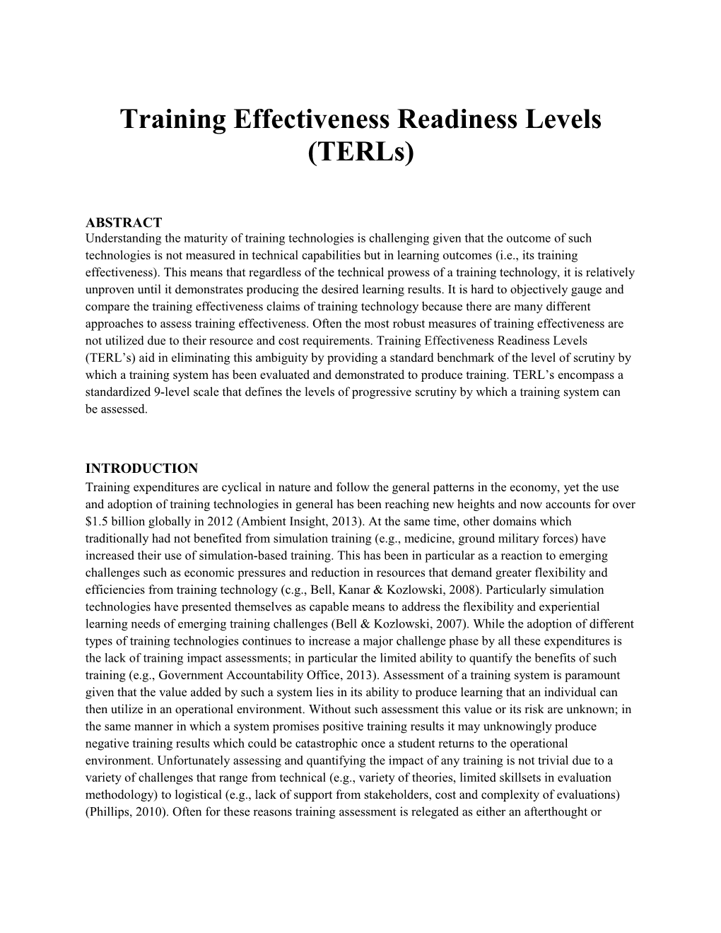 Training Effectiveness Readiness Levels (Terls)