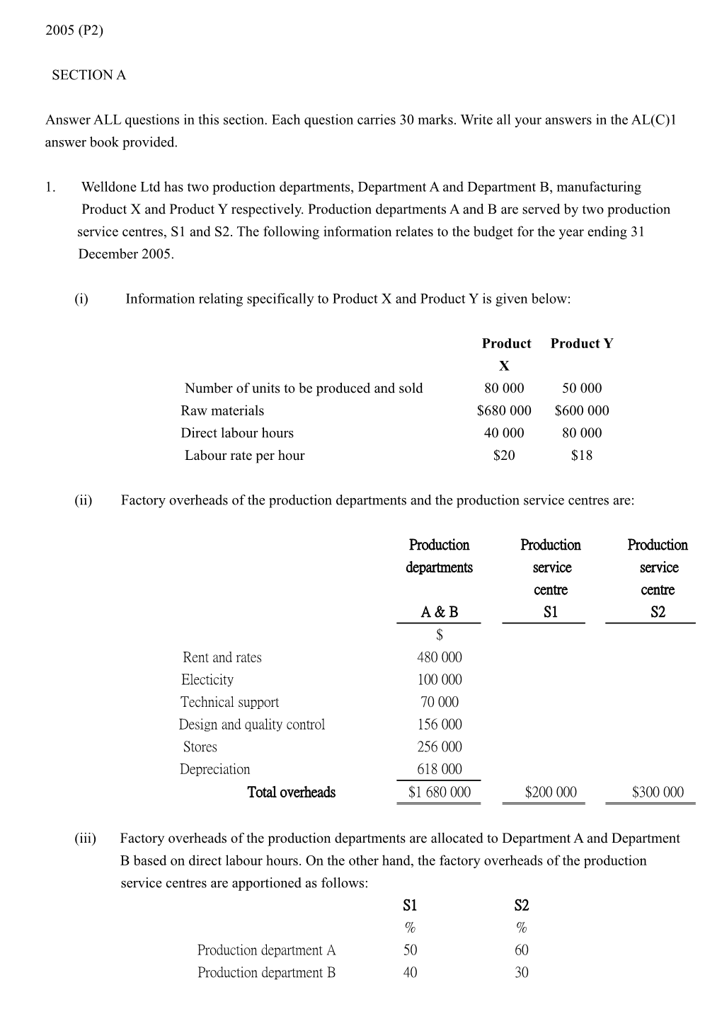 (I)Information Relating Specifically to Product X and Product Y Is Given Below