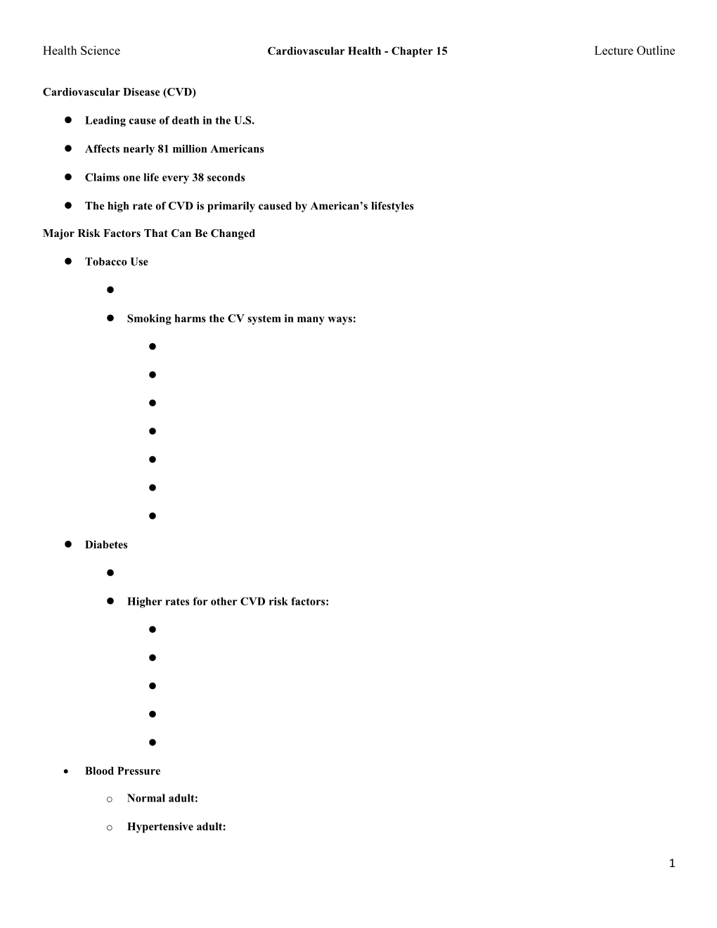 Health Science Cardiovascular Health - Chapter 15 Lecture Outline