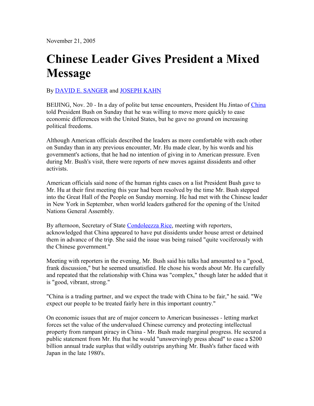 Chinese Leader Gives President a Mixed Message