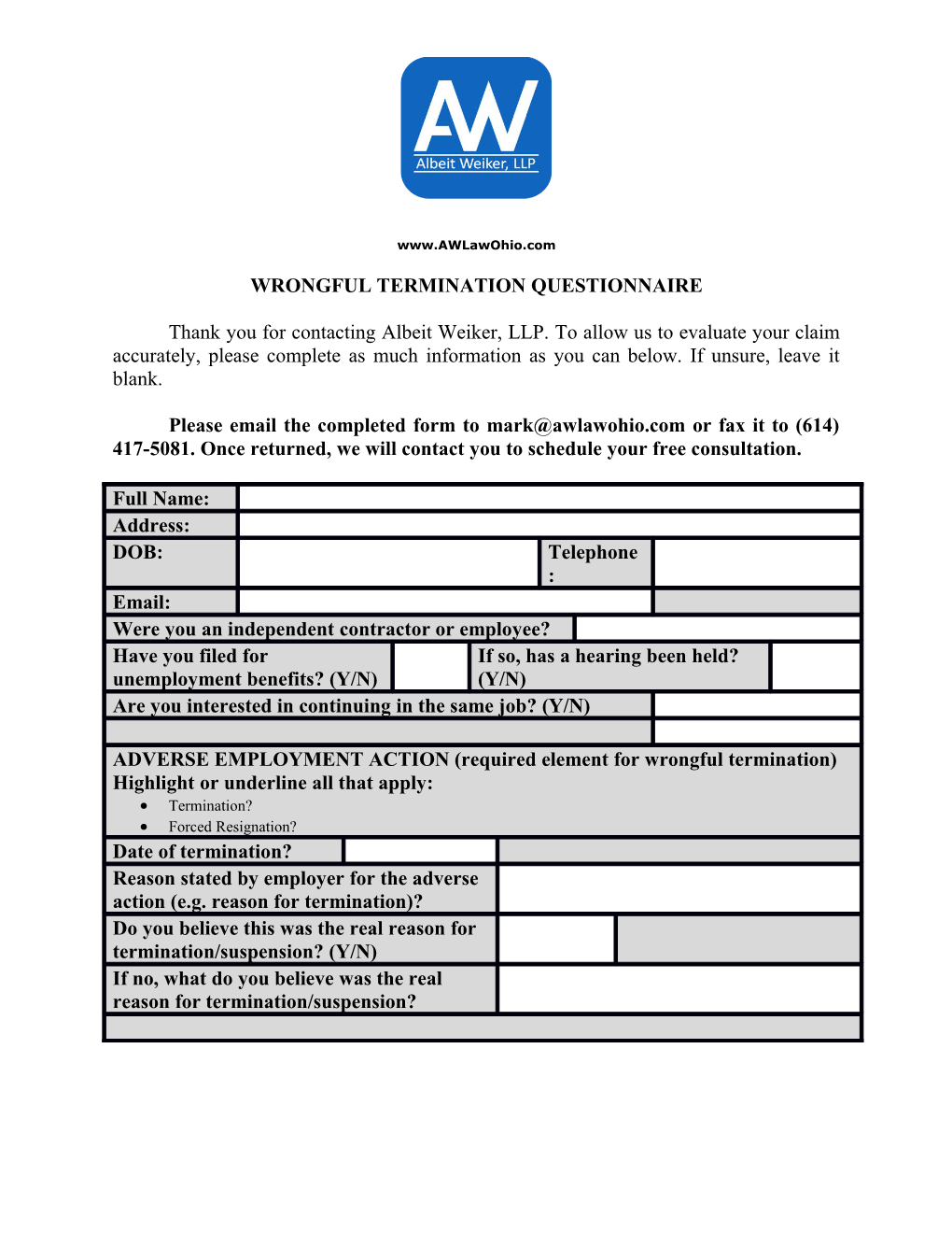 Wrongful Termination Questionnaire