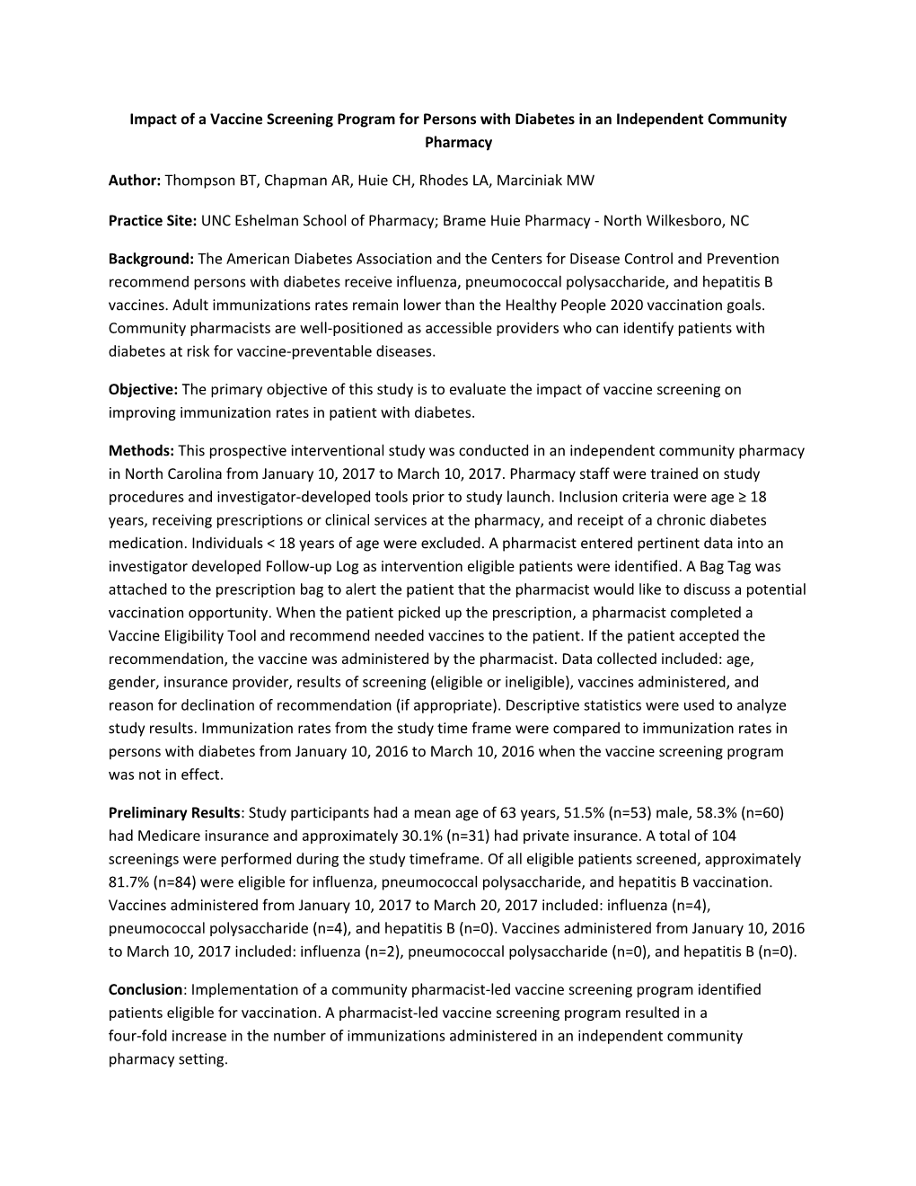 Impact of a Vaccine Screening Program for Persons with Diabetes in an Independent Community