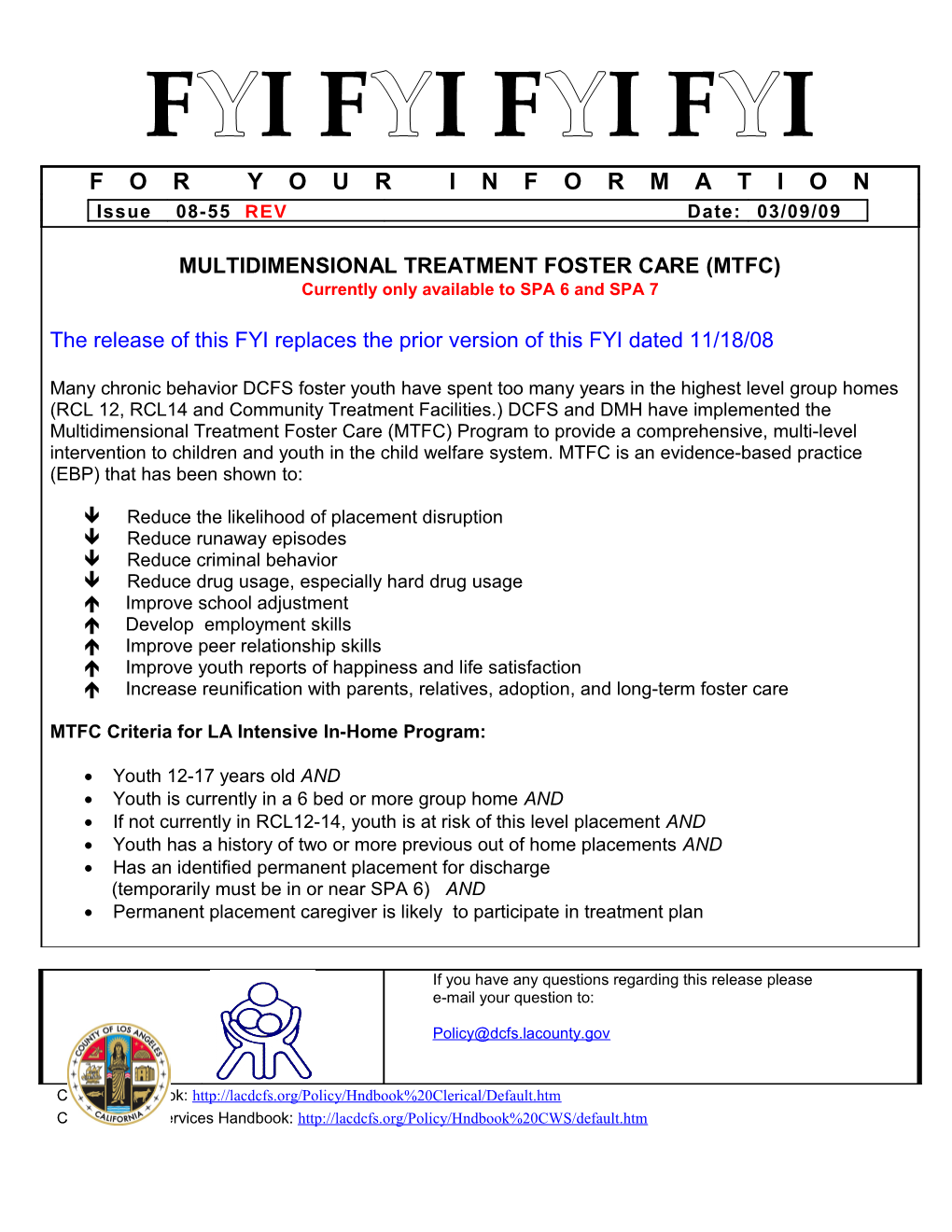 FYI 08-55, Multidimensional Treatment Foster Care (MTFC)