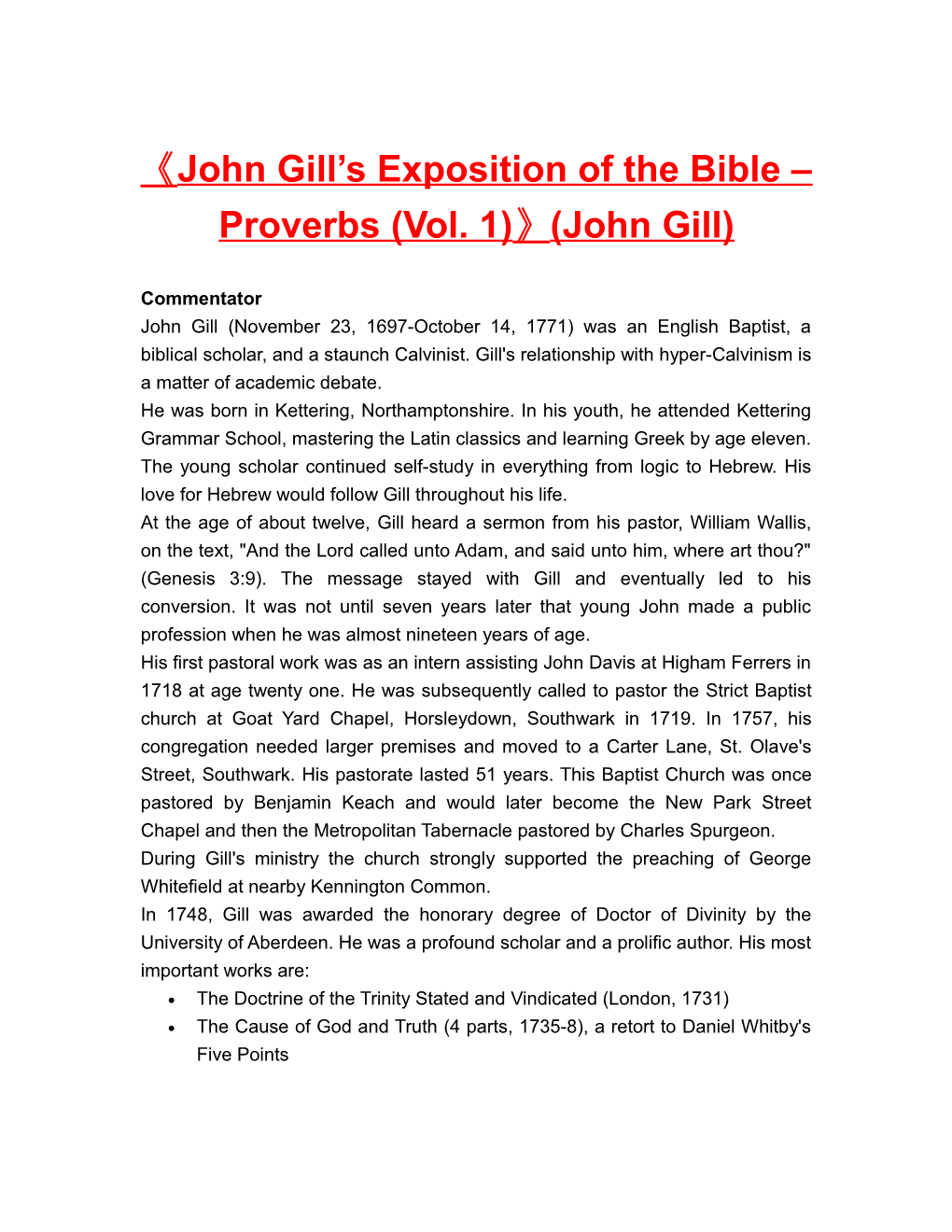 John Gill S Exposition of the Bible Proverbs (Vol. 1) (John Gill)