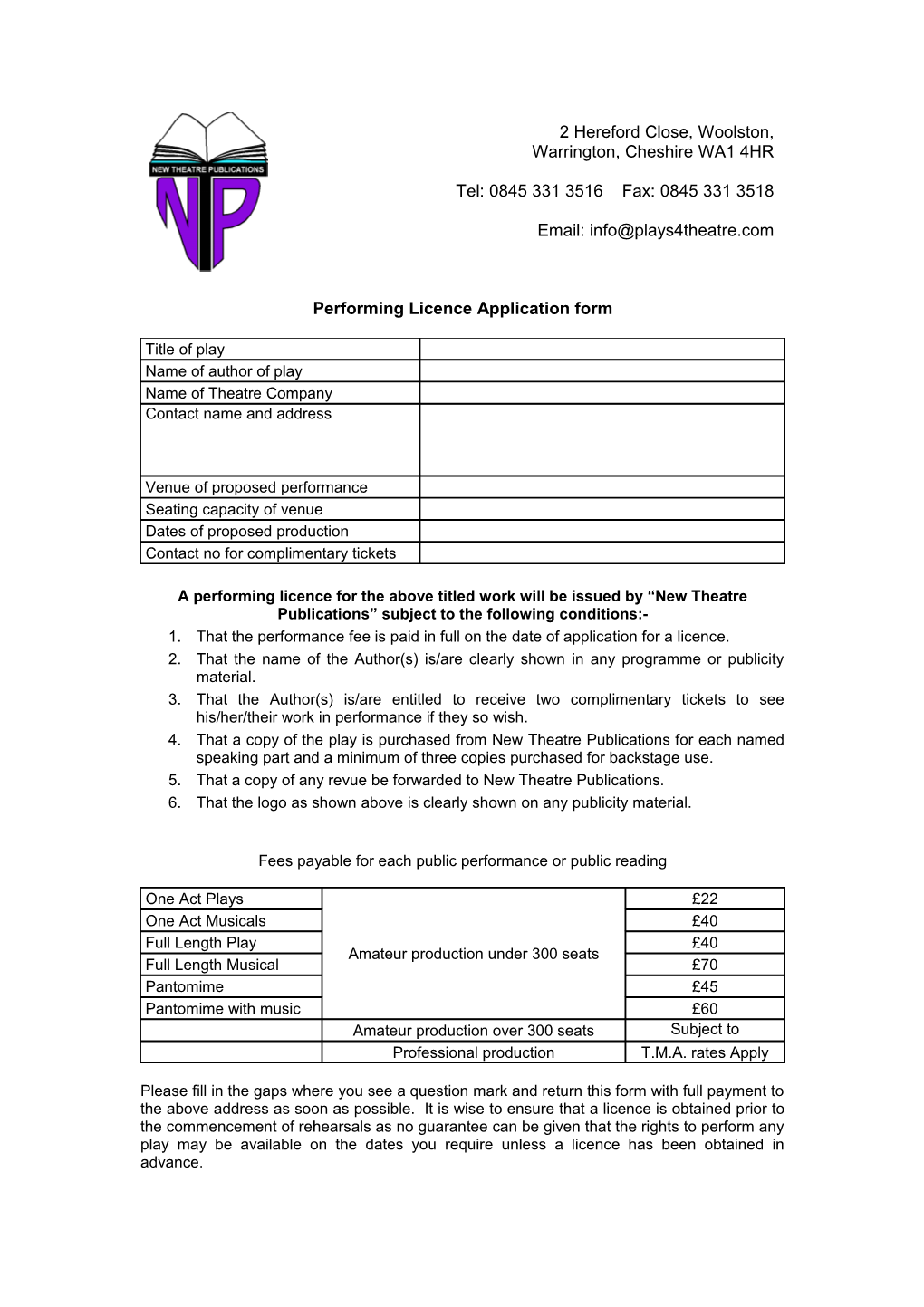 Performing Licence Application Form