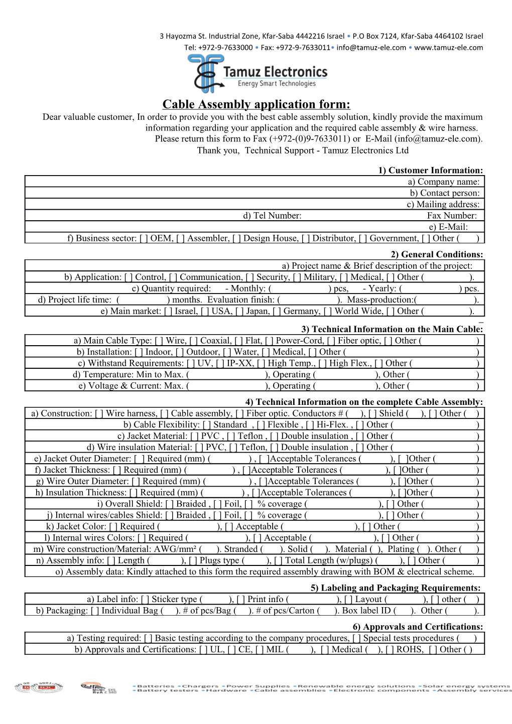 Cable Assembly Application Form