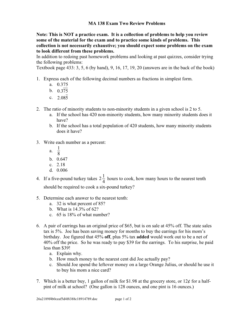 MA 138 Exam Two Review Problems