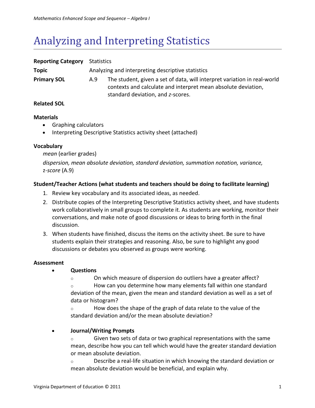 Mathematics Enhanced Scope and Sequence Algebra I s1