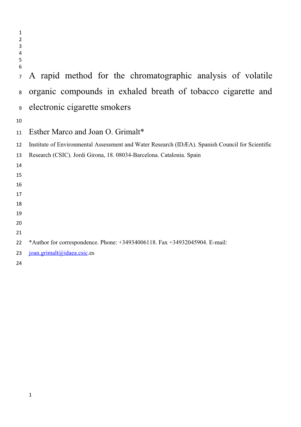 A Rapid Method for the Chromatographic Analysis of Volatile Organic Compounds in Exhaled