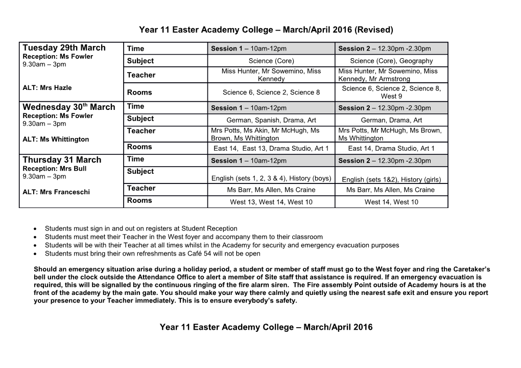 Year 11 Easter Academy College March/April 2016 (Revised)
