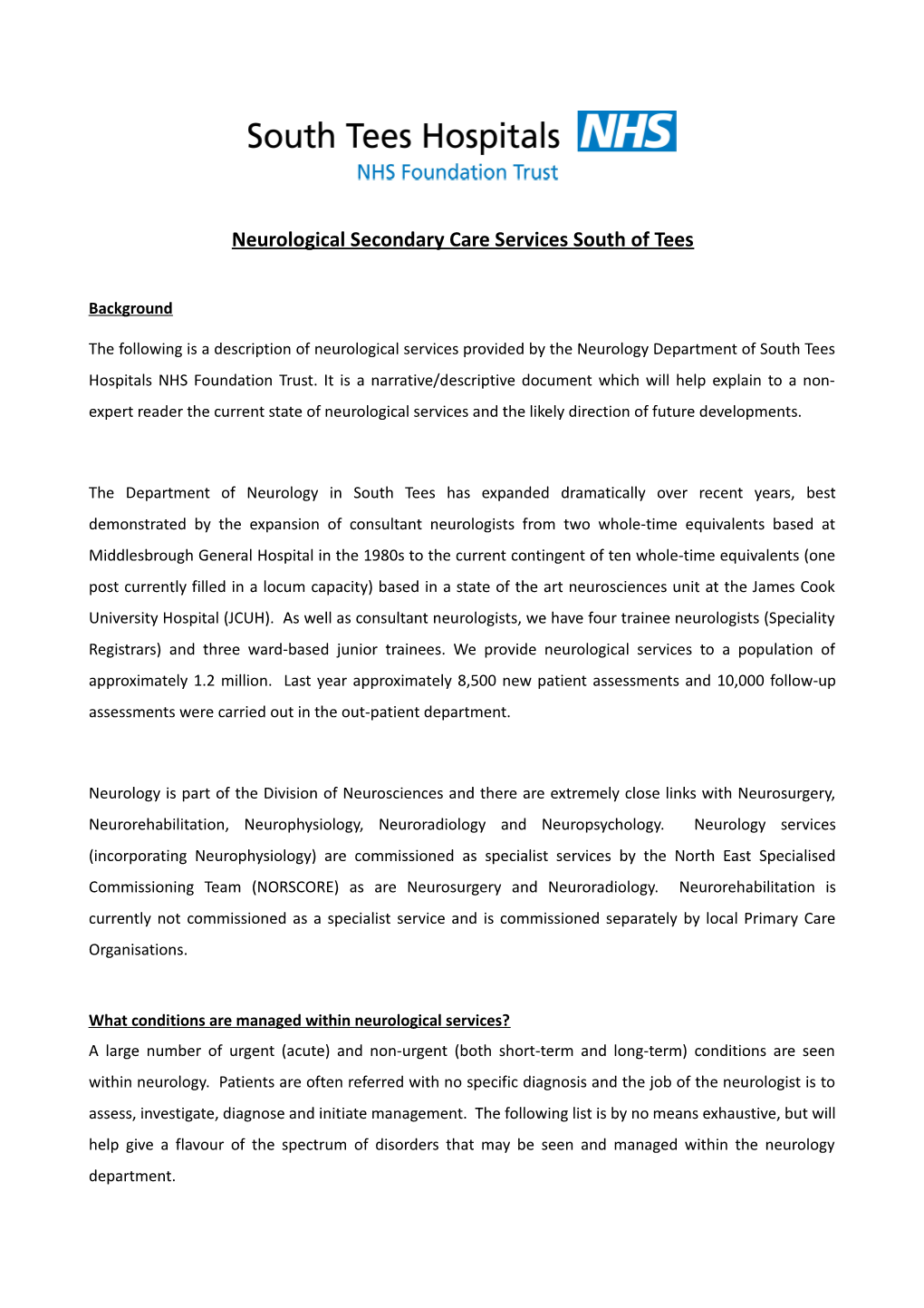 Neurological Secondary Care Services South of Tees