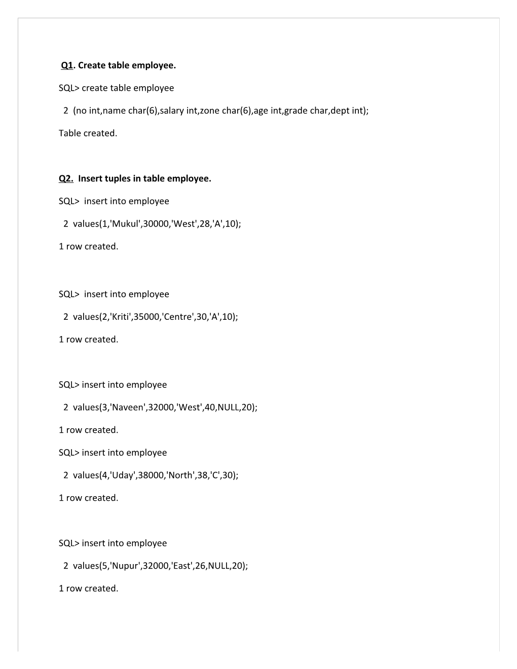 SQL&gt; Create Table Employee