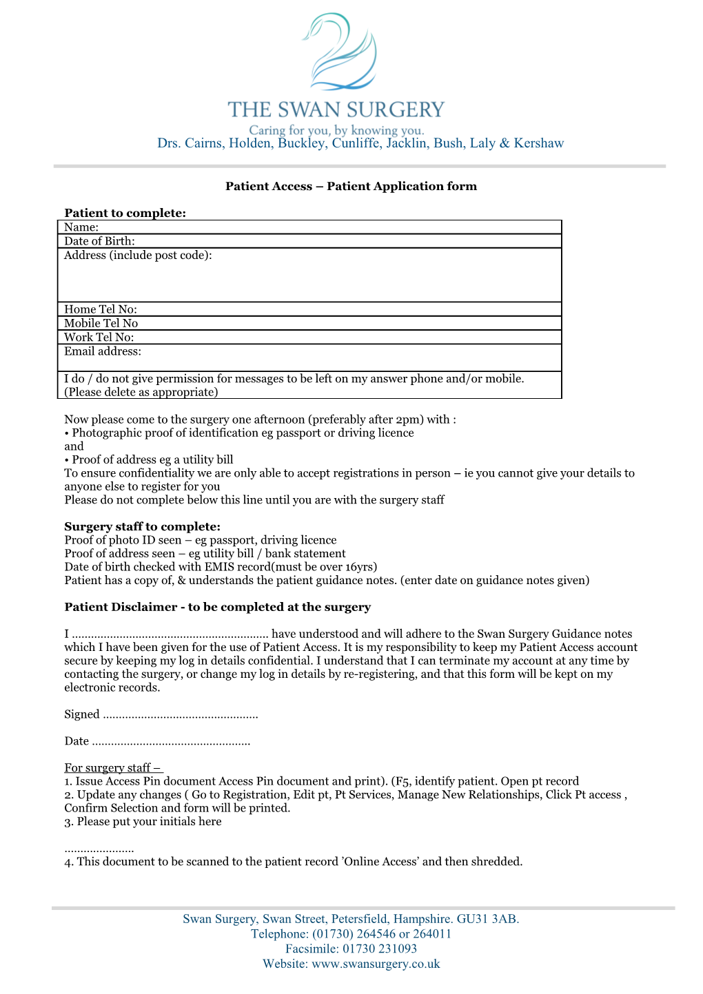 Patient Access Patient Application Form