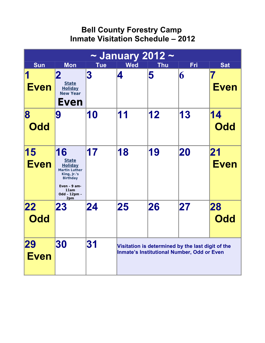 2012 Full Year Calendar Template