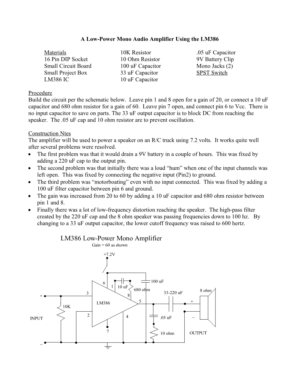 A Low-Power Mono Audio Amplifier Using the LM386