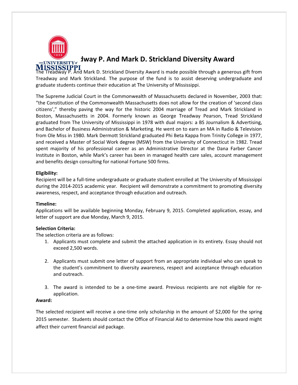 Treadway P. and Mark D. Strickland Diversity Award