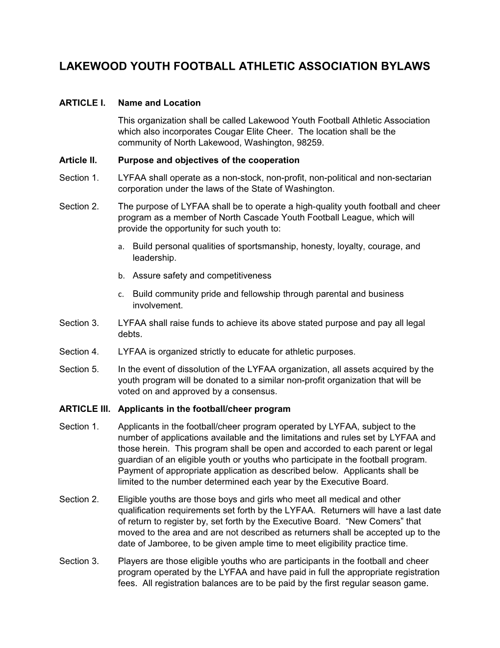 Lakewood Youth Football Athletic Association Bylaws