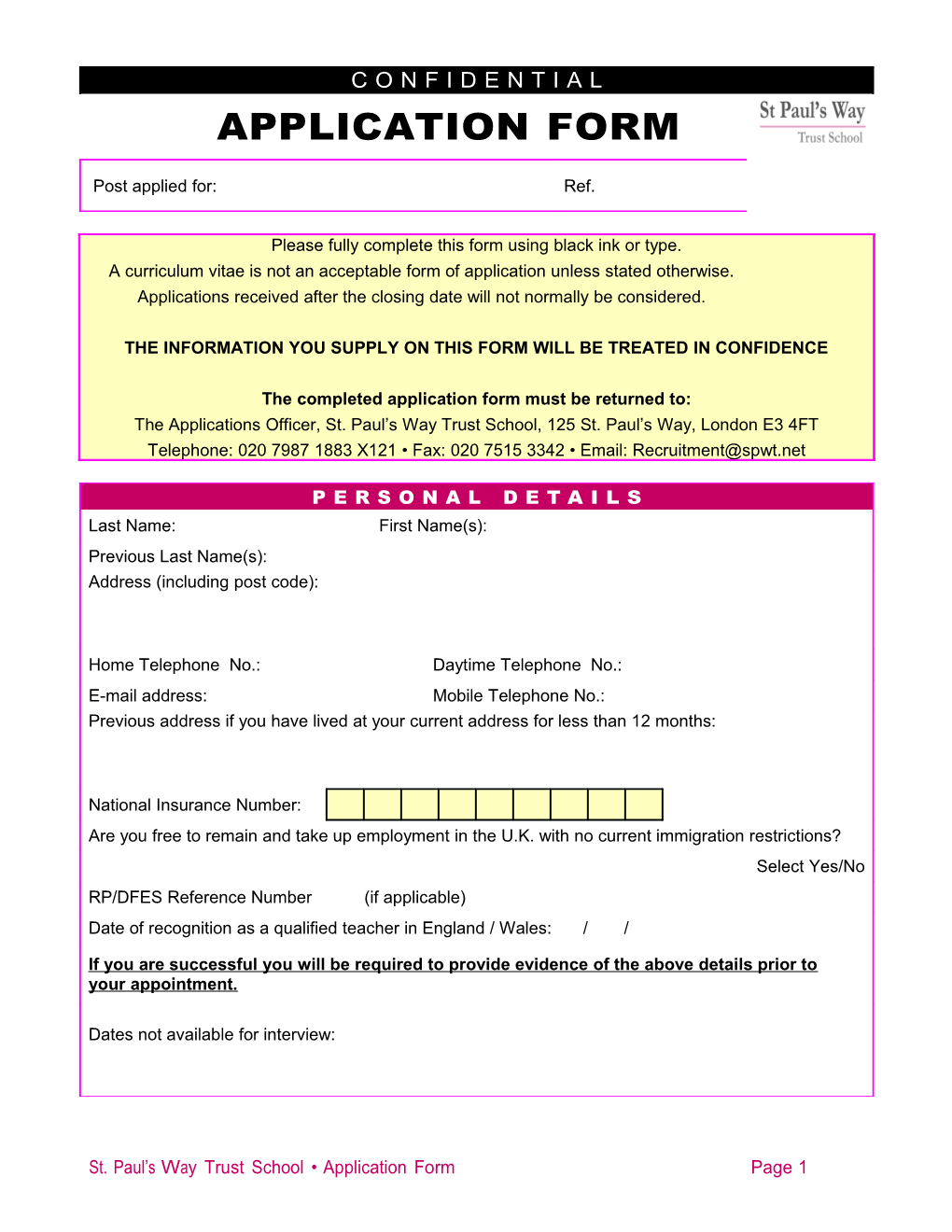 St. Paul S Way Trust School Application Form Page 1