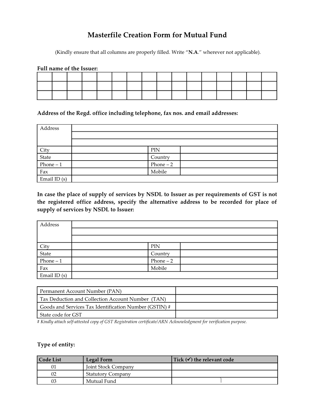 Master File Creation Form for Mutual Fund