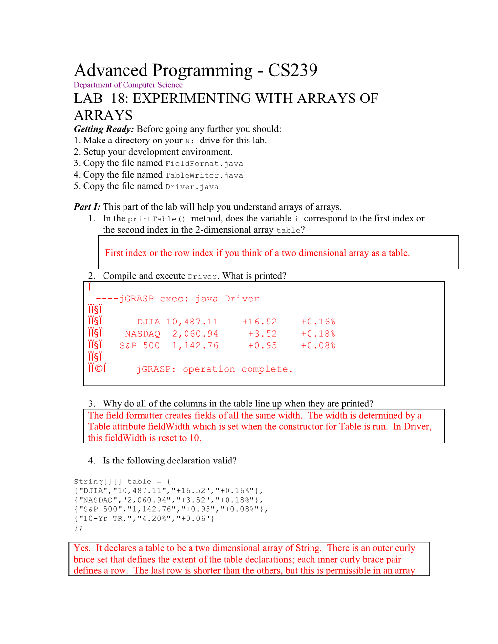 Lab 18: Experimenting with Arrays of Arrays