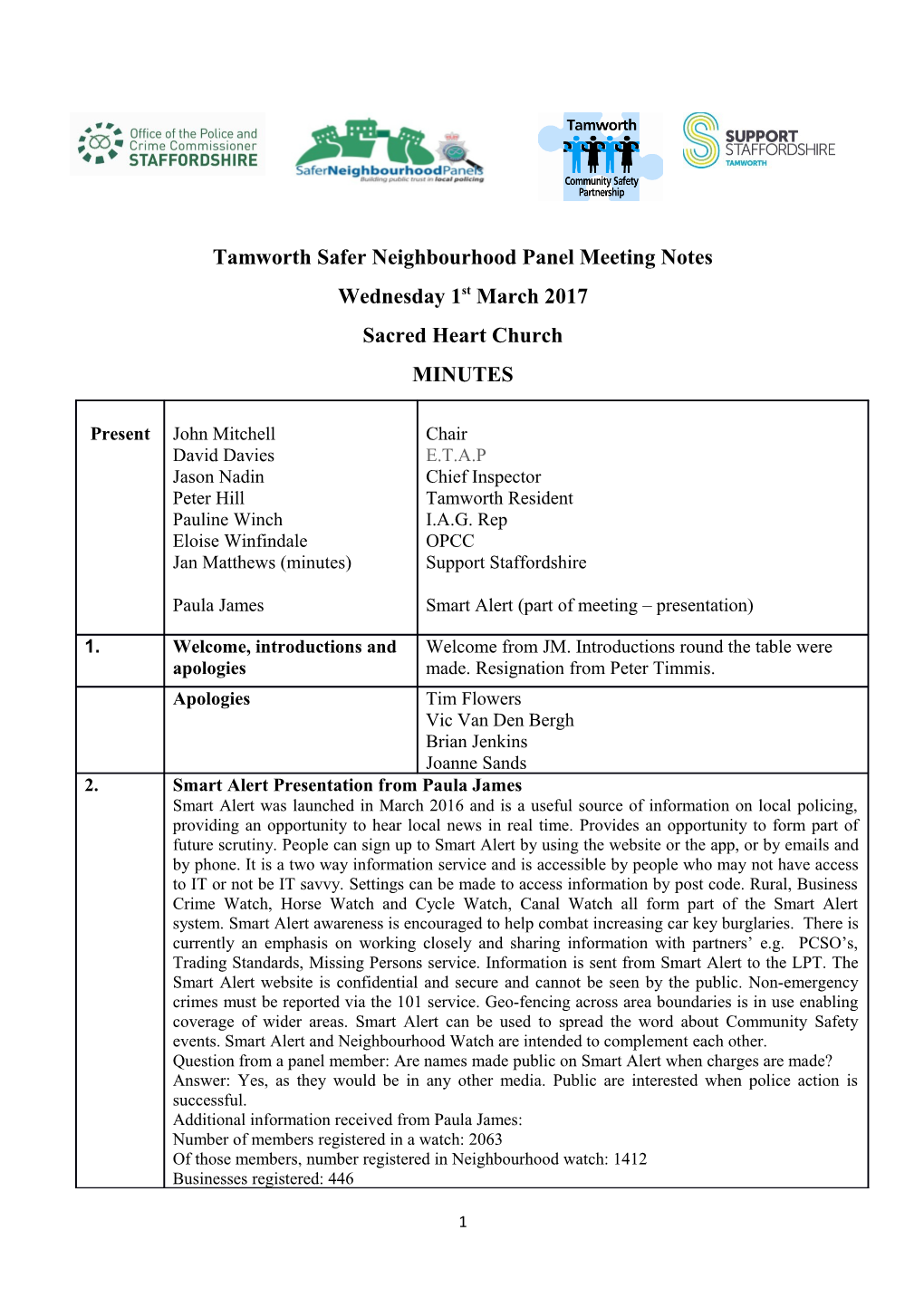 Tamworth Safer Neighbourhood Panel Meeting Notes