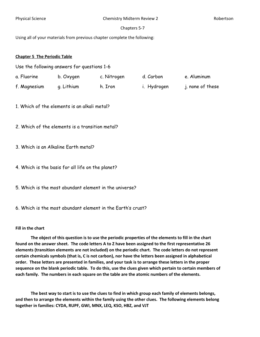 Physical Science Chemistry Midterm Review 2 Robertson