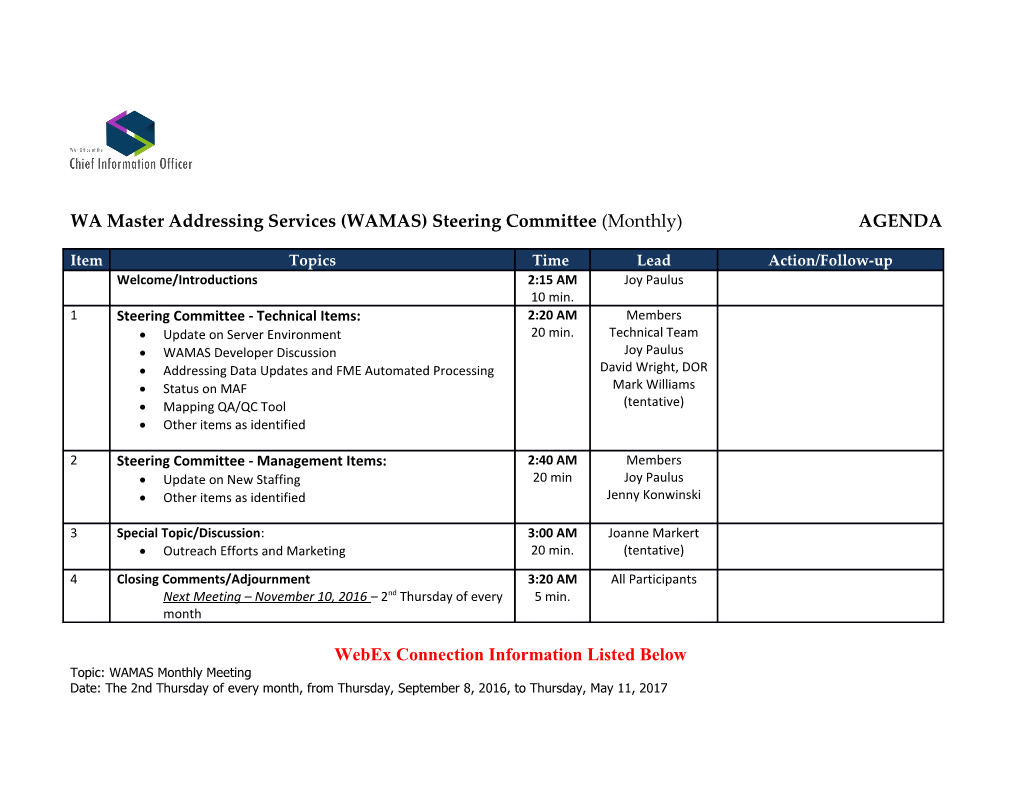 WA Master Addressing Services (WAMAS) Steering Committee (Monthly) AGENDA