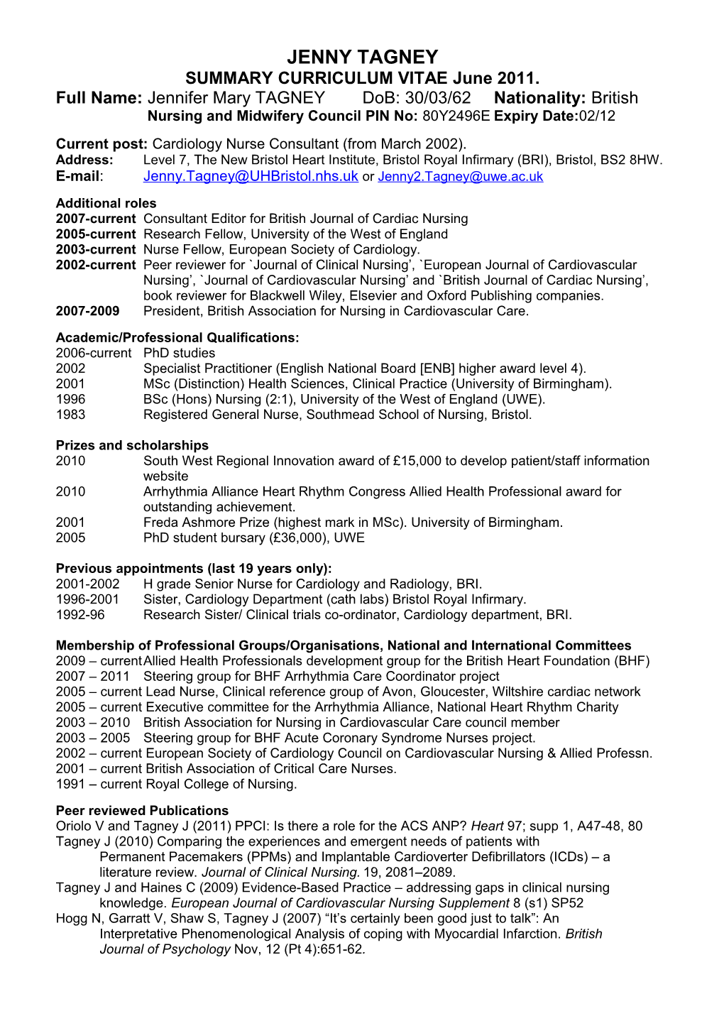 SUMMARY CURRICULUM VITAE June 2011