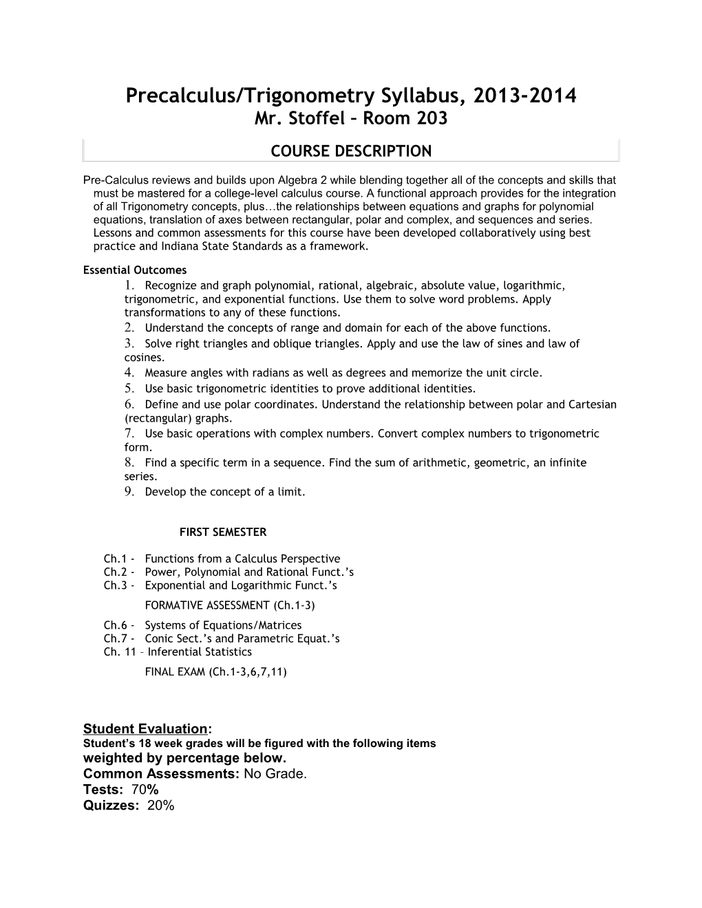 Precalculus/Trigonometry Syllabus, 2013-2014