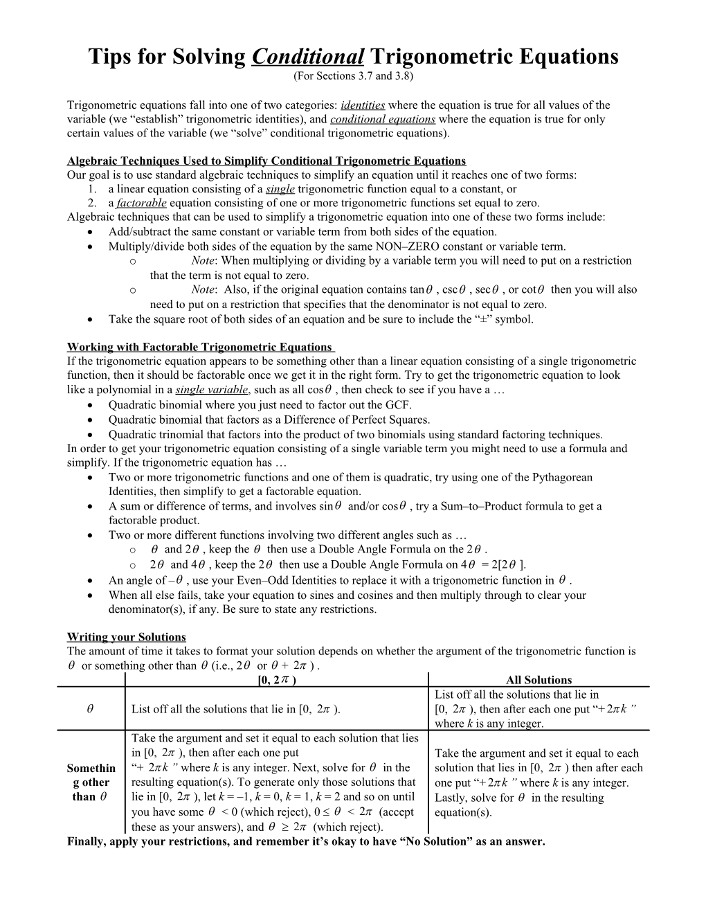 Tips for Solving Conditional Trigonometric Equations