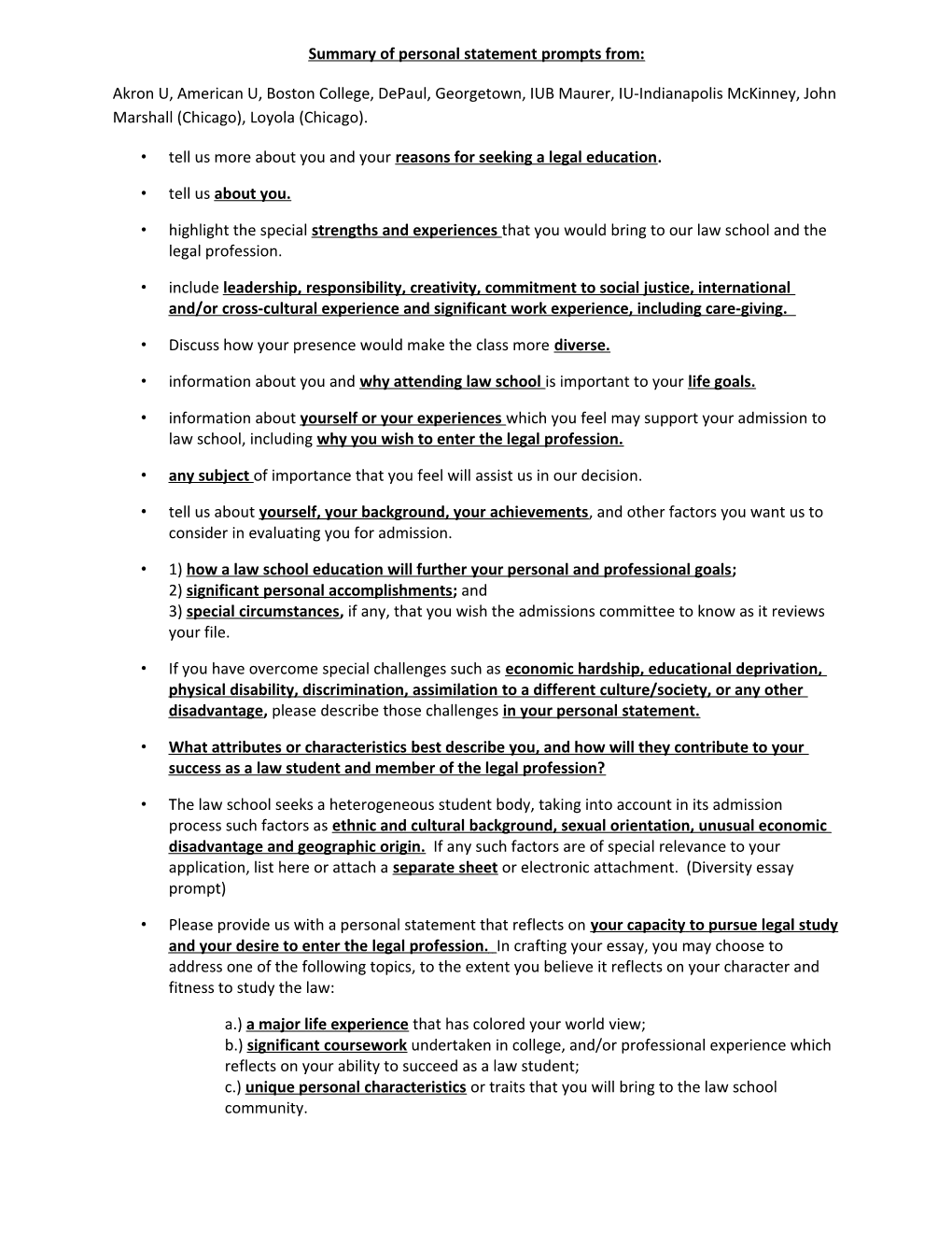 Summary of Personal Statement Prompts From