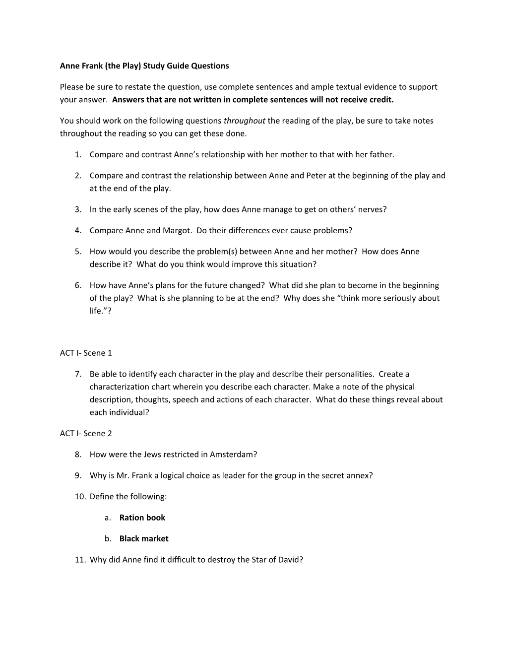 Anne Frank (The Play) Study Guide Questions