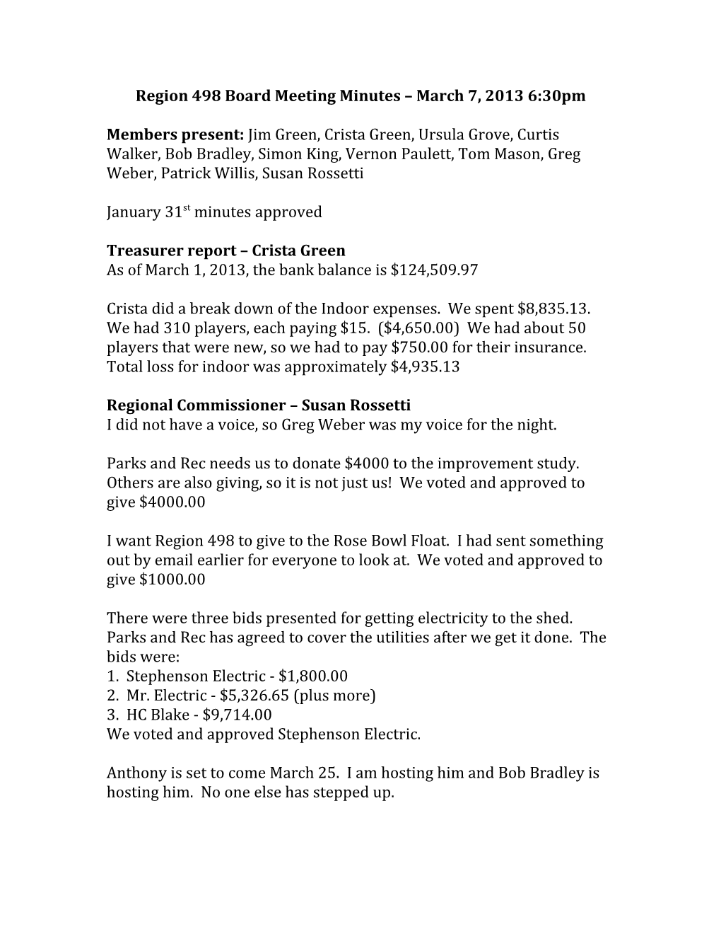 Region 498 Board Meeting Minutes March 7, 2013 6:30Pm