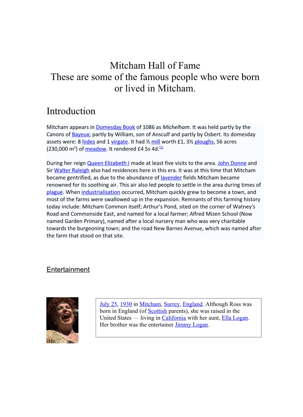 Mitcham Hall of Fame